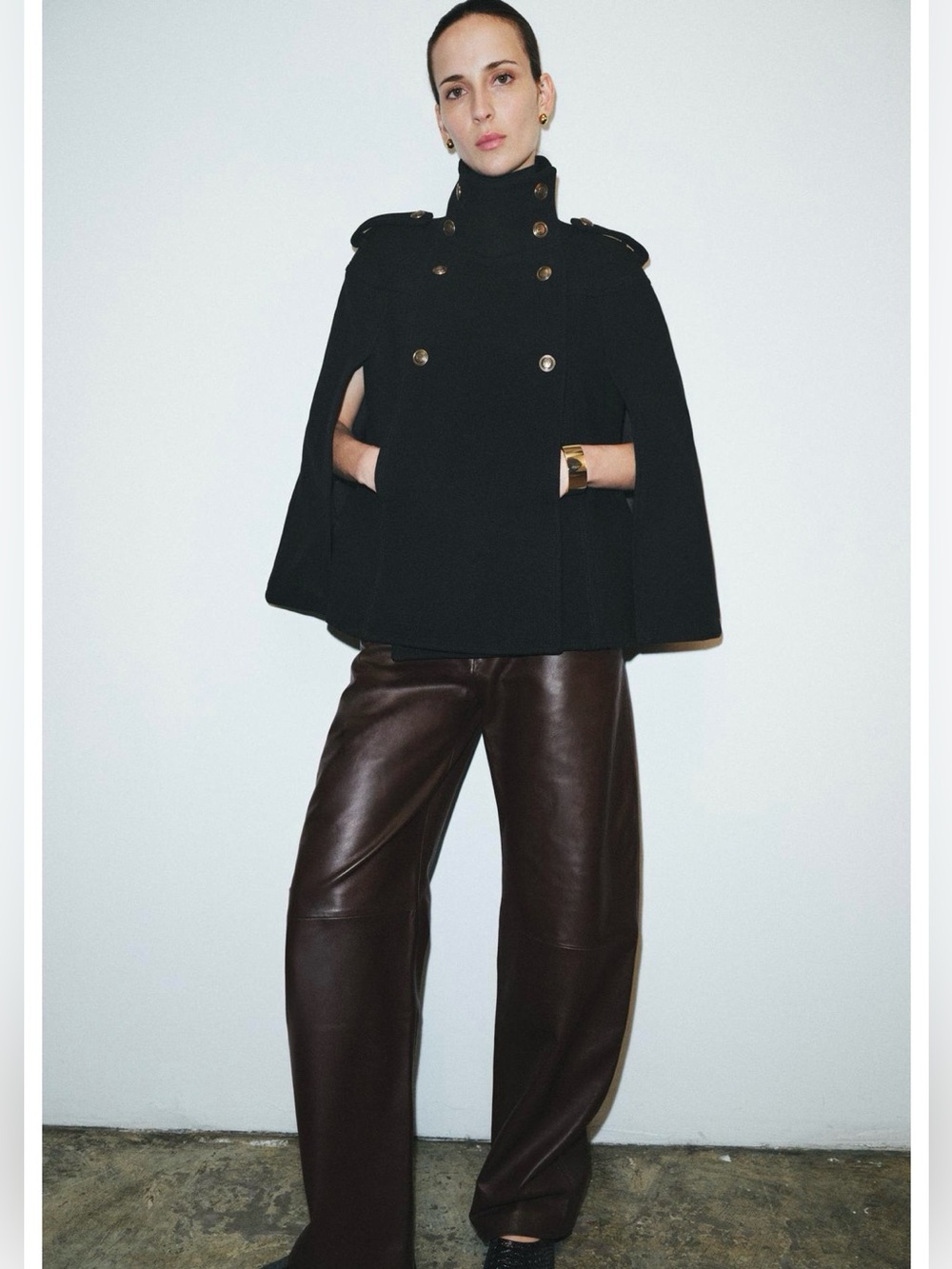 Womens Black Military-Style Wool Cape Coat